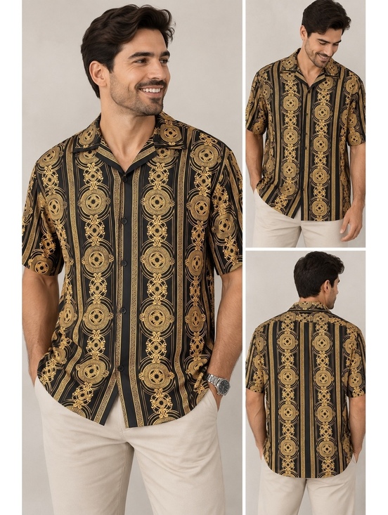 Other - Casa Couture Men’s Black Gold Baroque Camp Shirt Size S NWT